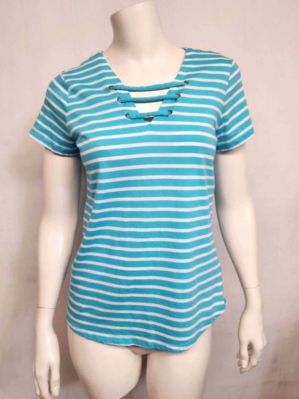 Michael Kors Women's Size S Turquoise Striped Short Sleeve V-Neck Top